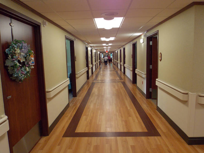 Interior hallway of a senior living facility