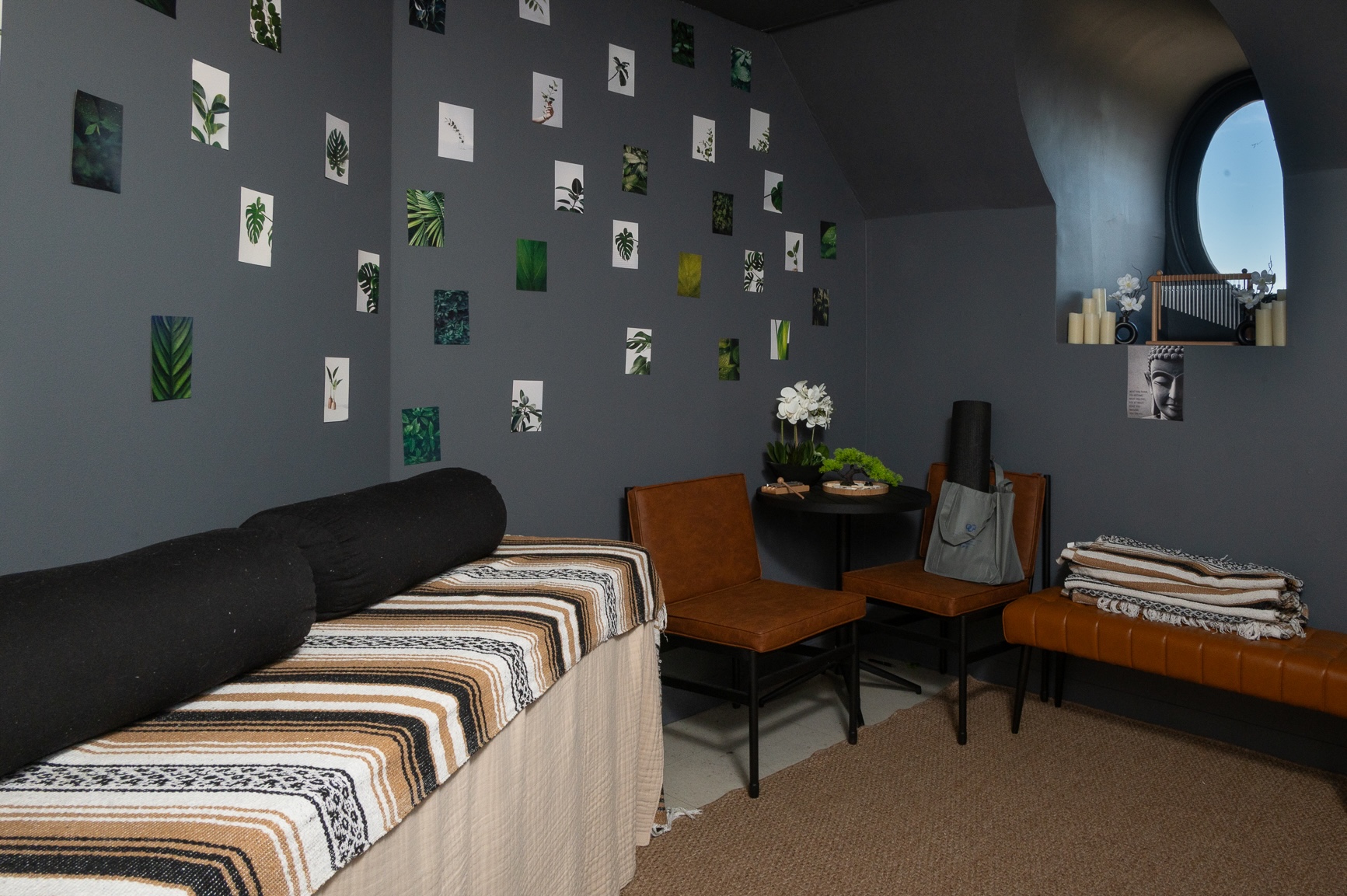 A cozy indoor space with decorative plants and seating