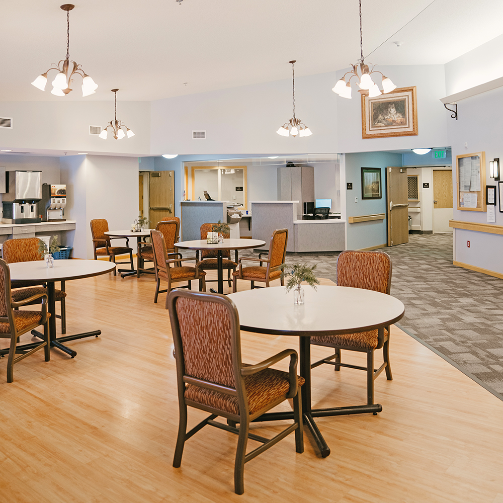 Bright dining room with tables and chairs