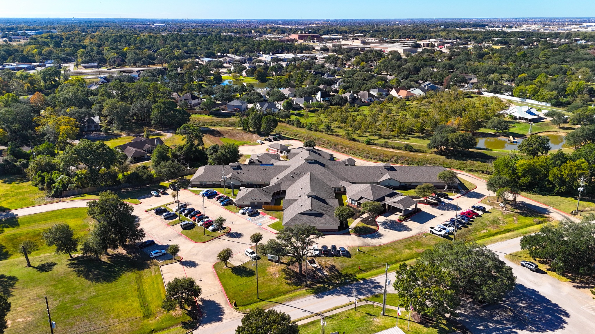 Aerial view of Heritage Park of Katy surrounded by green space
