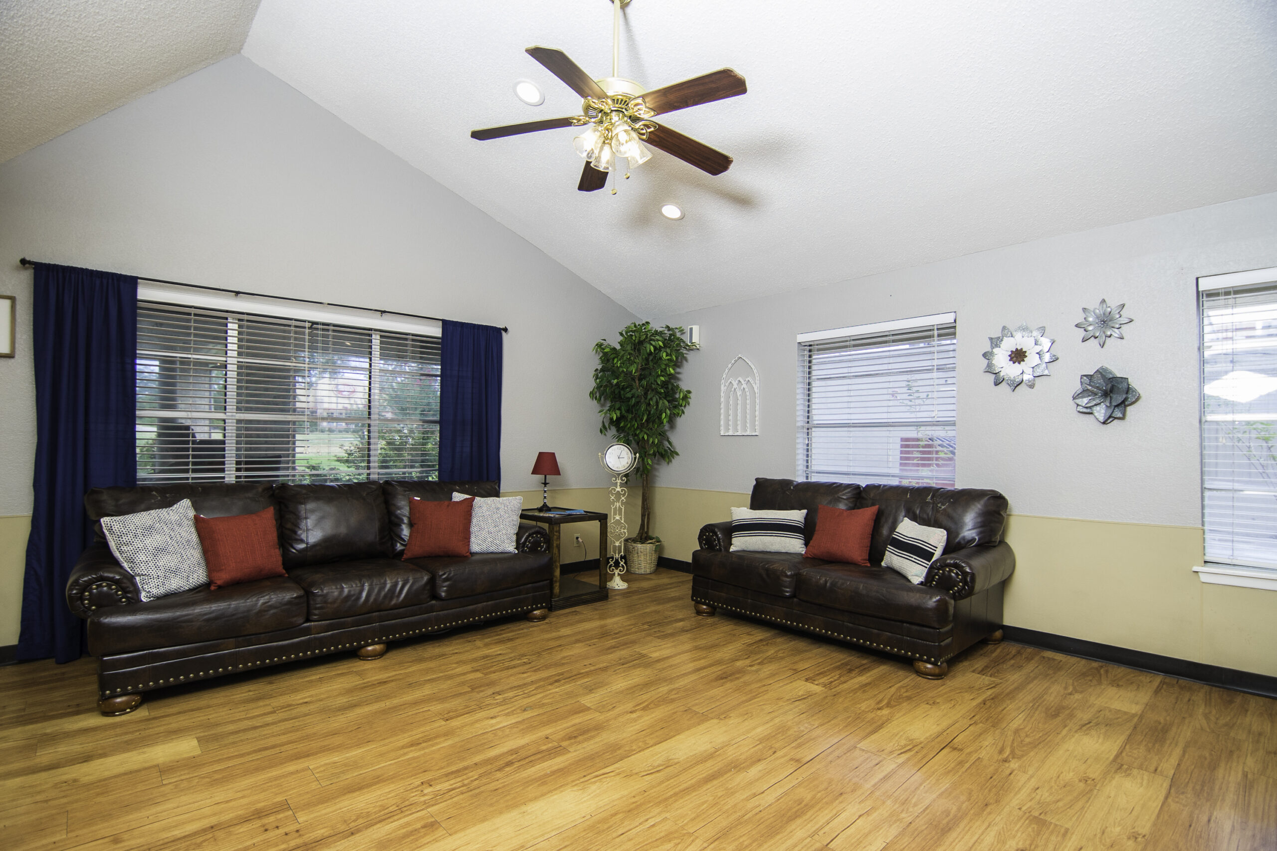 Cozy common area with leather sofas and natural light
