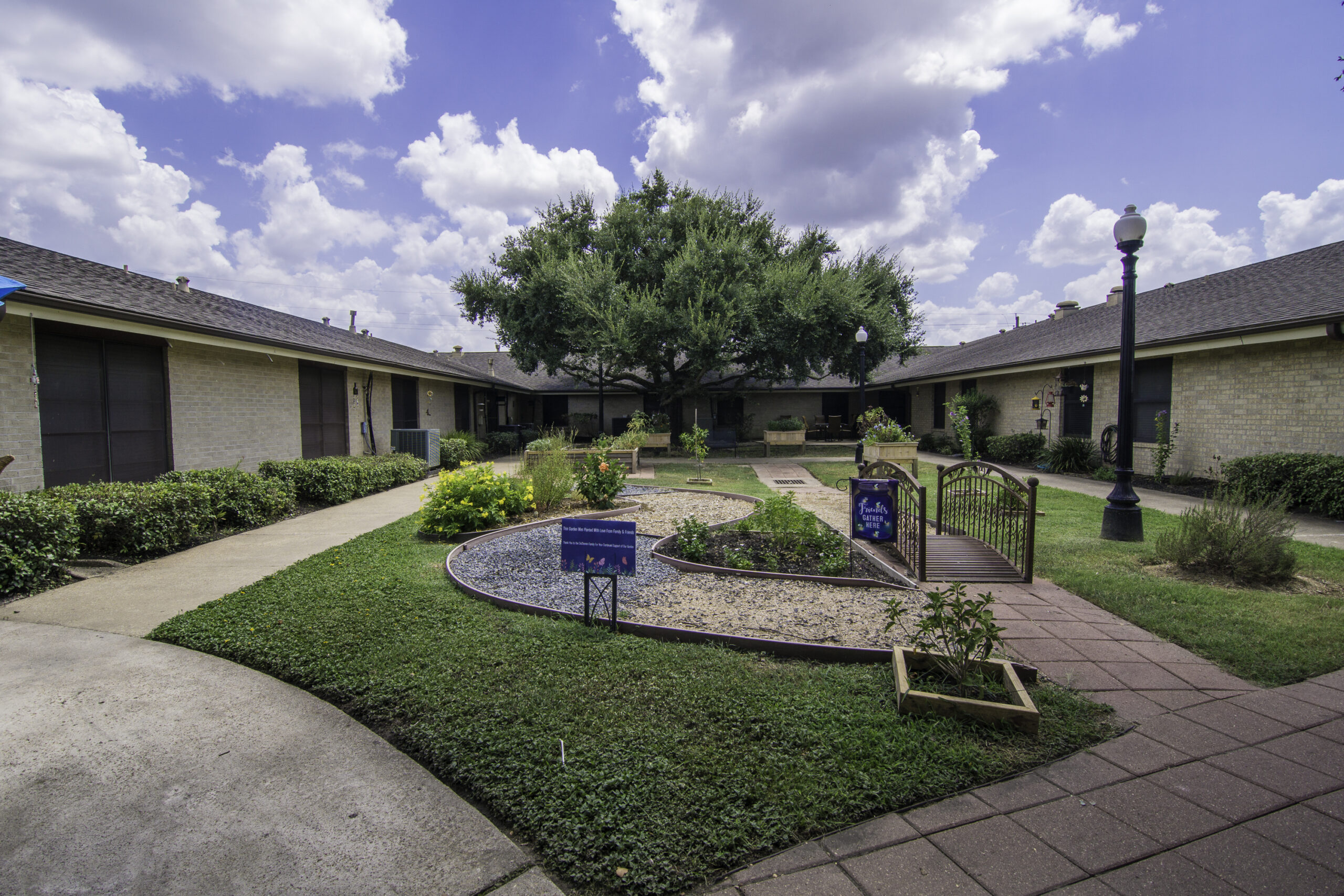 Outdoor courtyard space with garden and pathways