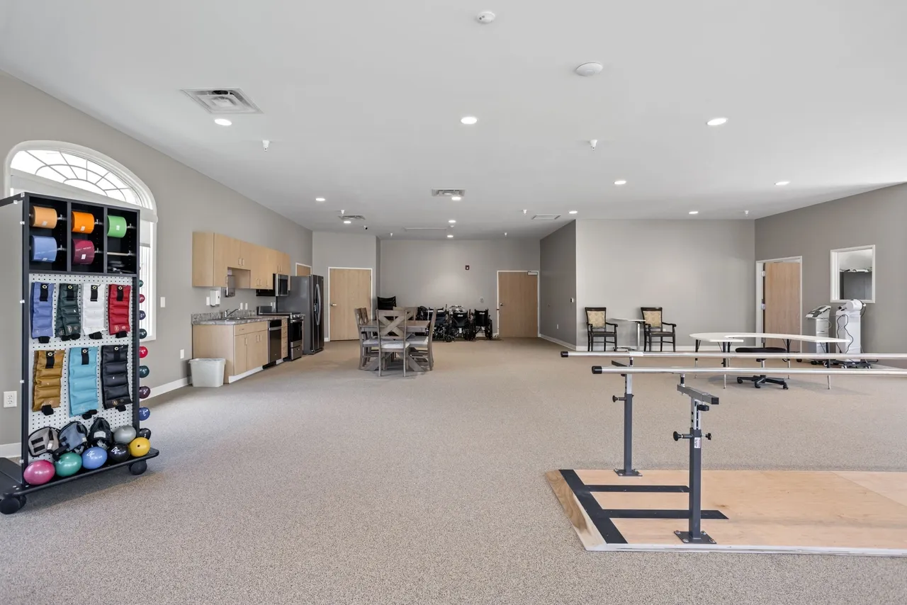 Interior view of an activity room with rehabilitation equipment