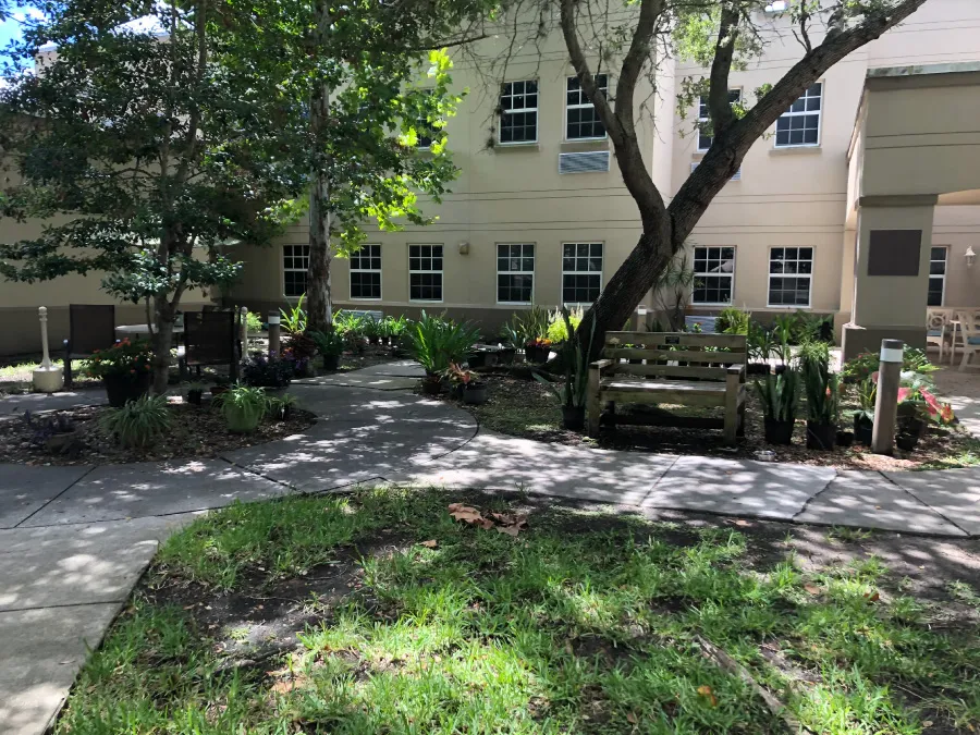 Serene outdoor garden area with seating