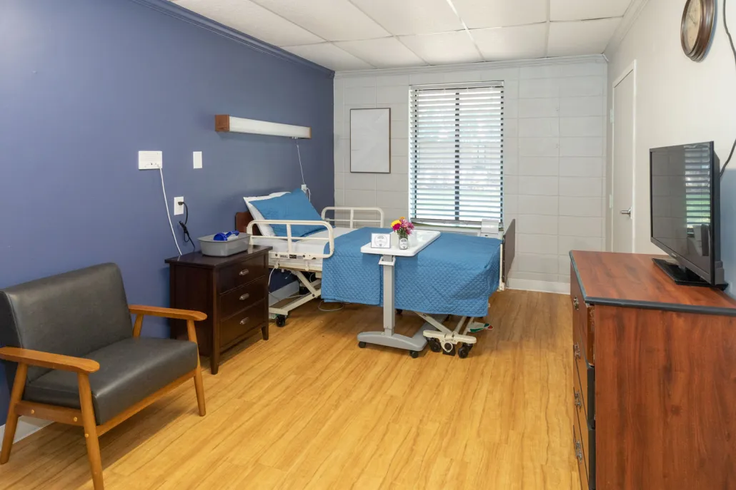 Interior view of a resident room with two beds