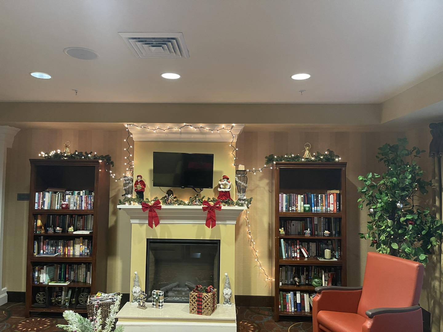 Cozy common area with holiday decorations