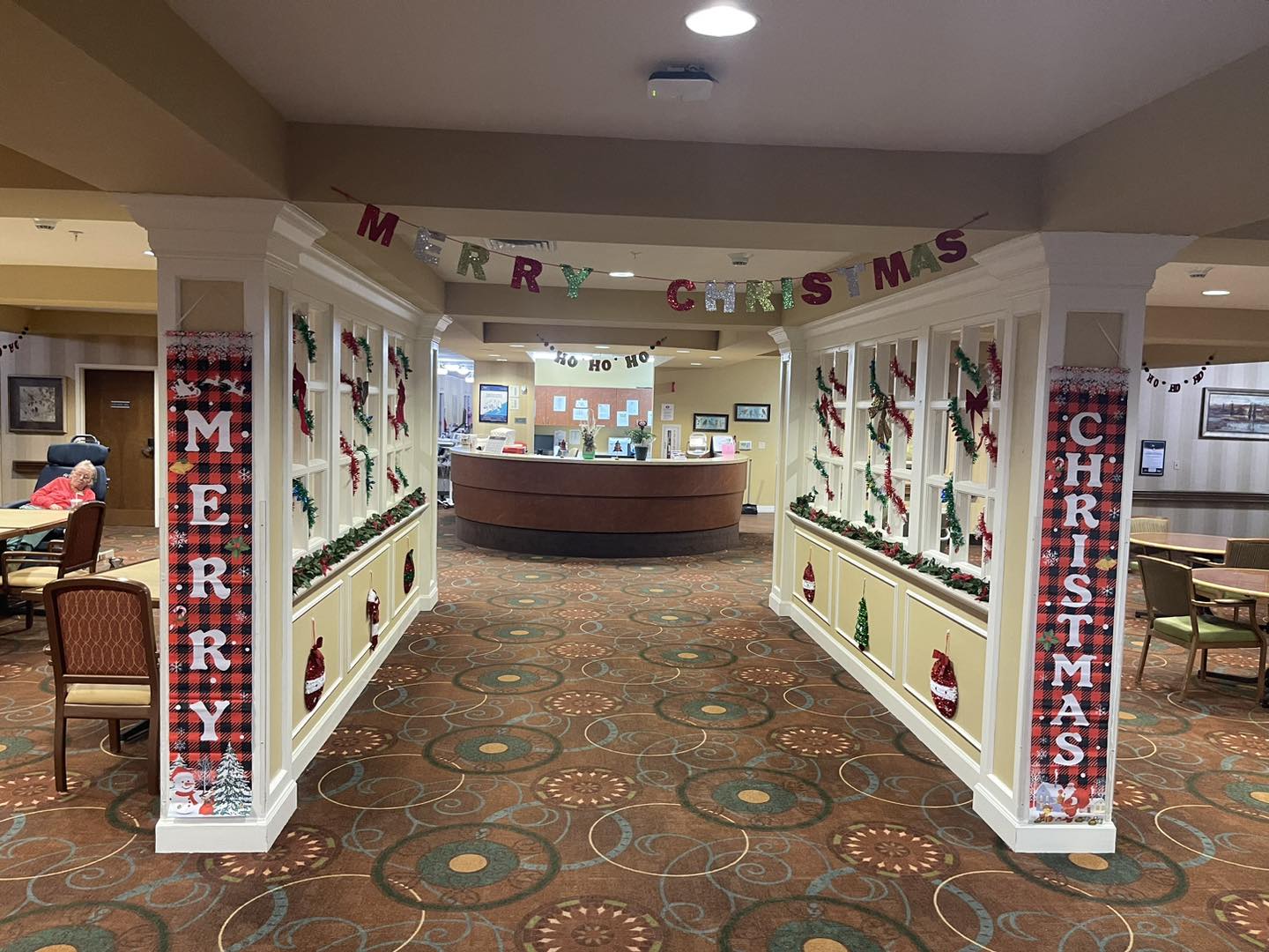 Decorations for Christmas in a hallway.
