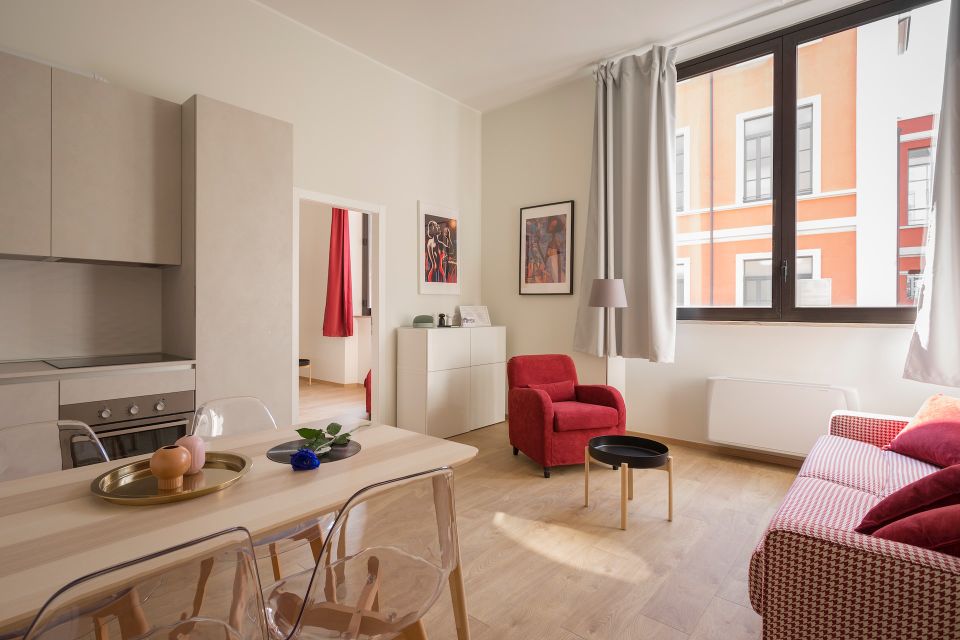 Cozy living room with a kitchen area
