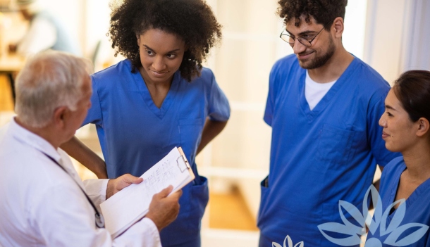 Healthcare staff engaged in discussion