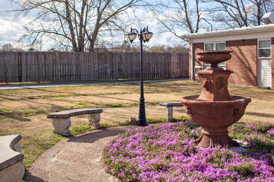 Outdoor garden area with a fountain and benches