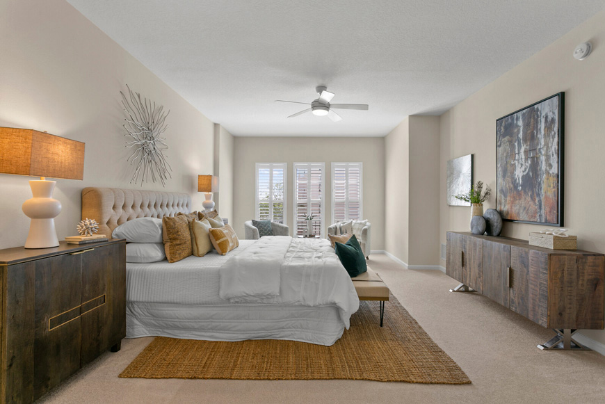 Brightly decorated bedroom in a senior living facility