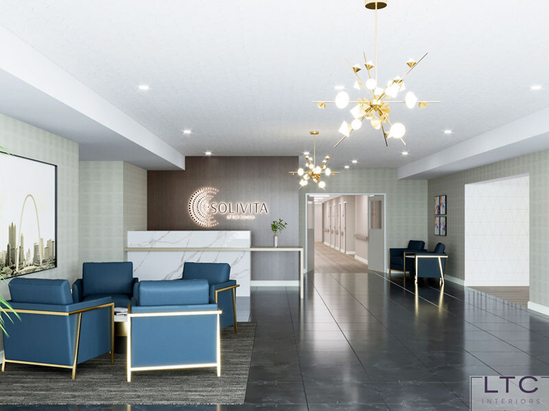Bright lobby area with modern seating and decor