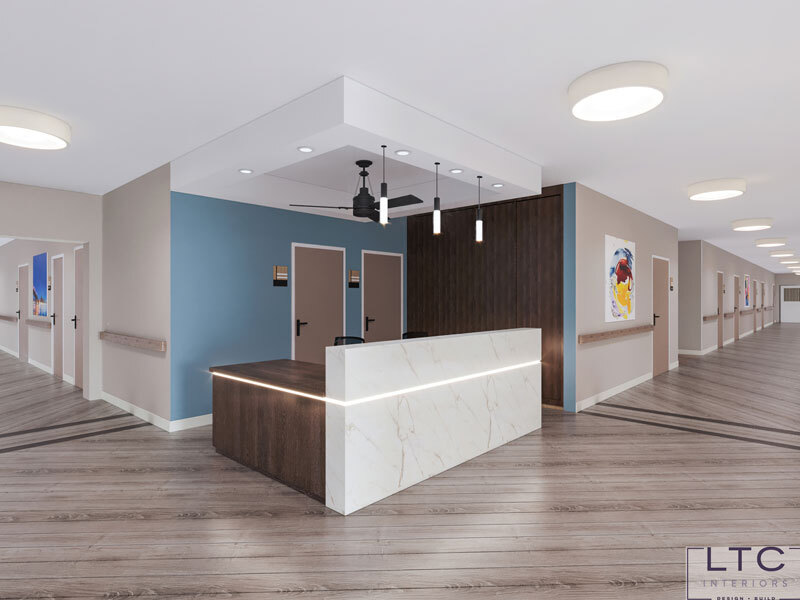 Bright and modern reception area of a senior living facility