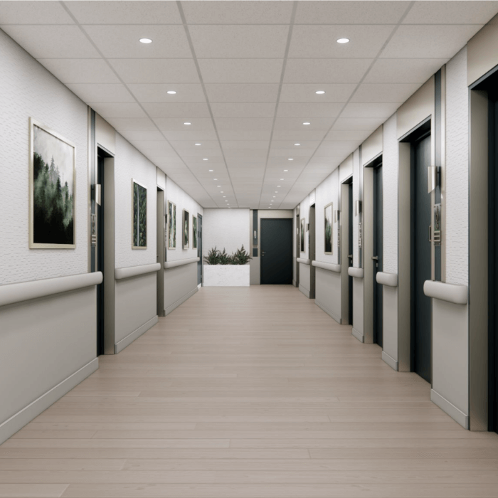 Interior hallway with resident doors and artwork