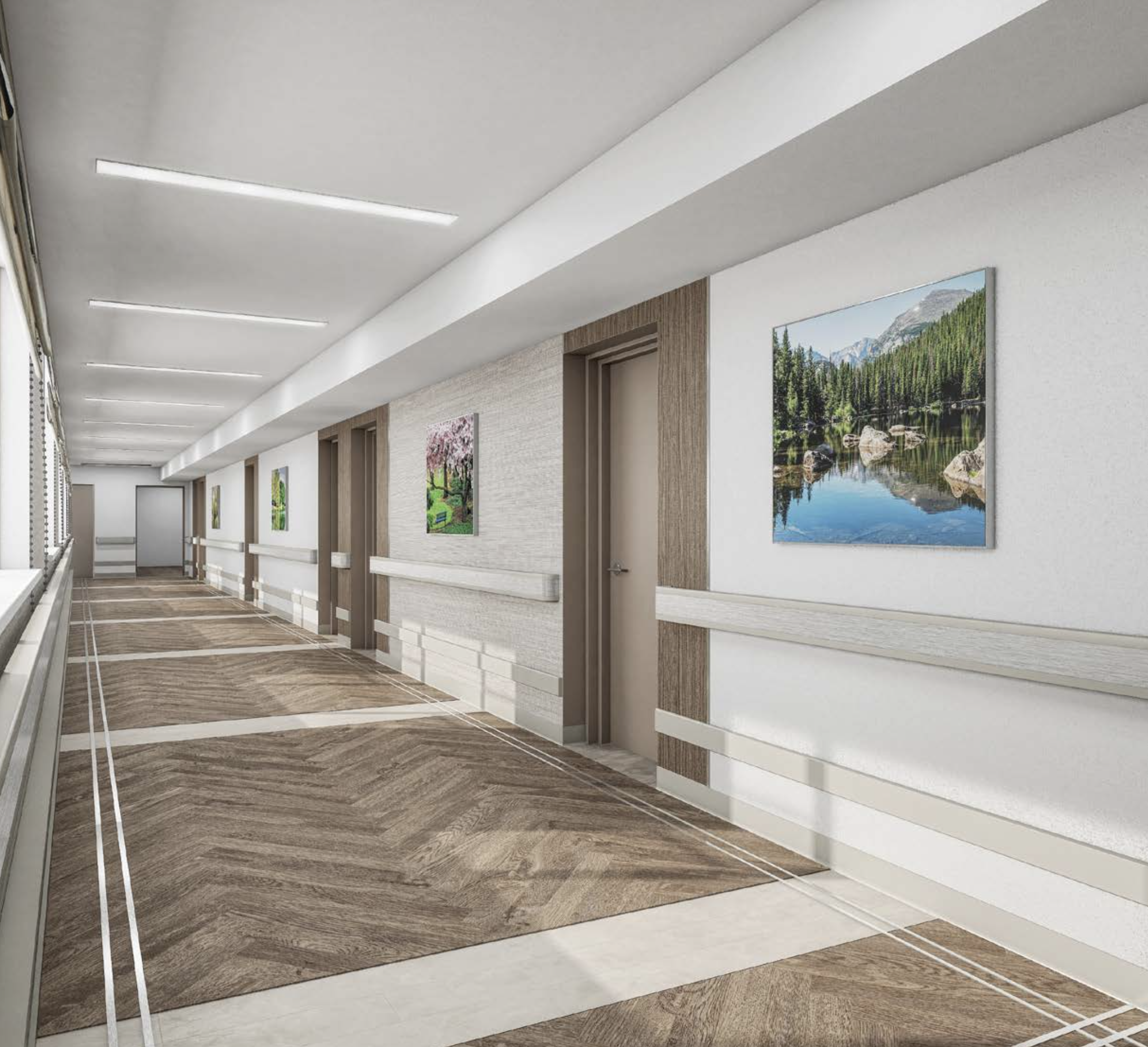 Bright, modern hallway with scenic artwork