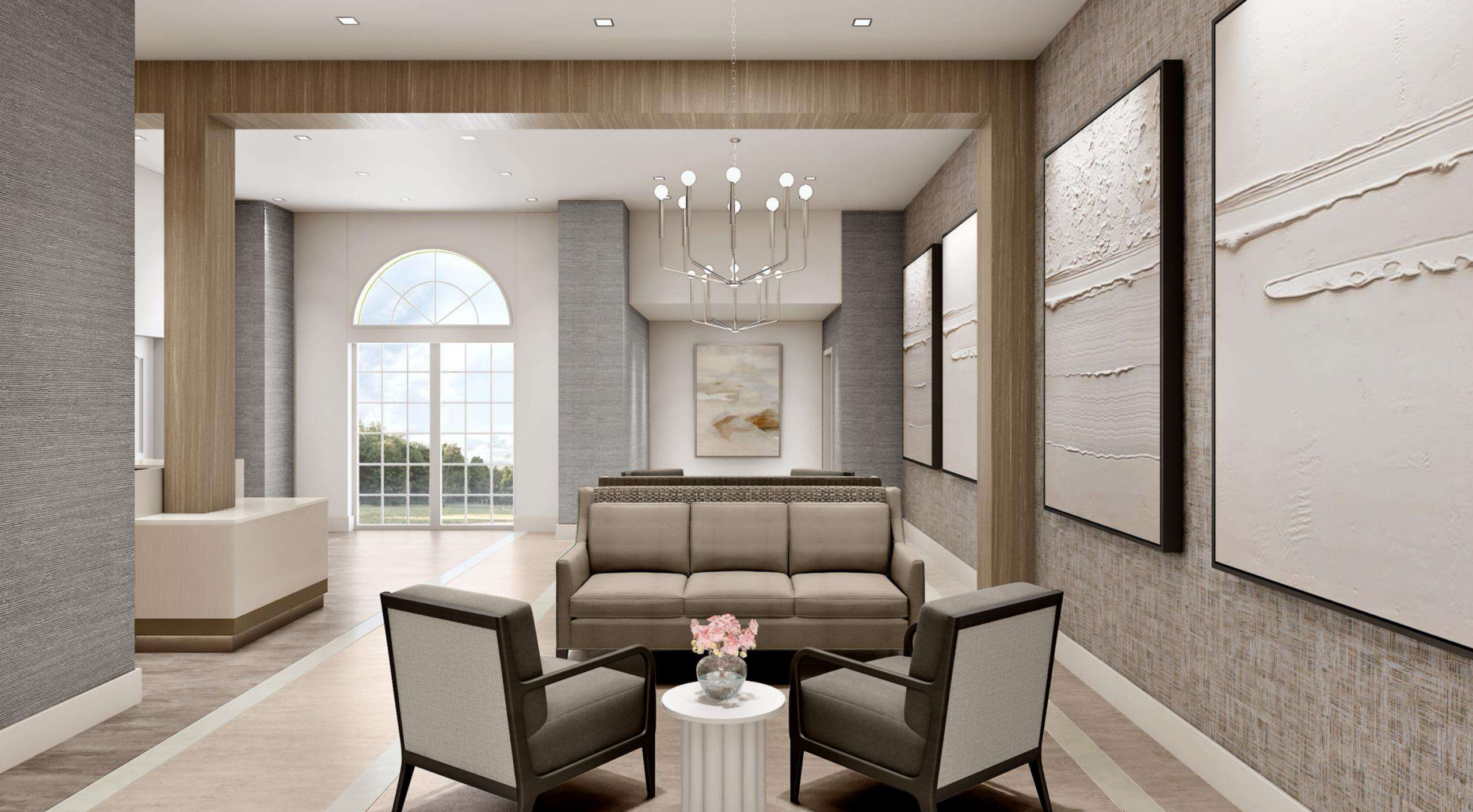 Bright interior of a modern lobby with seating