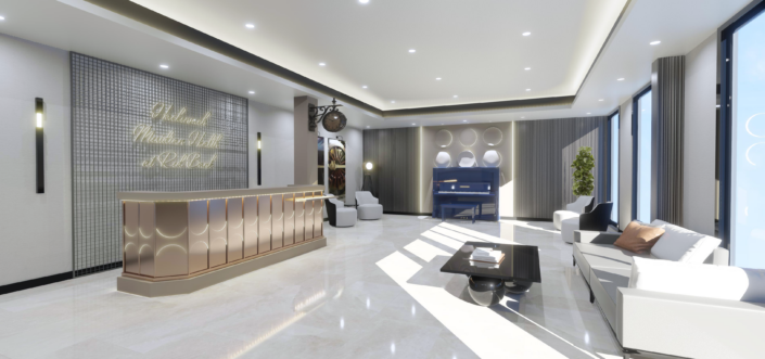 Bright, modern lobby area with seating