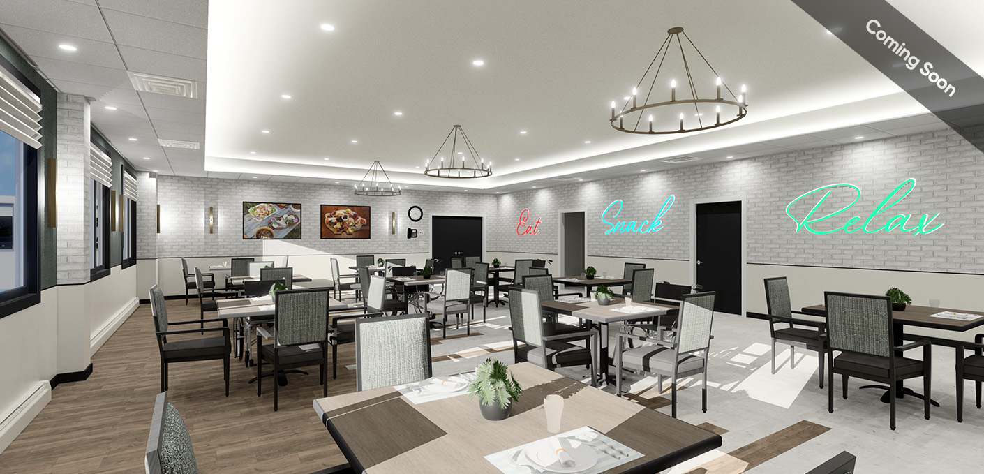 Bright dining area with tables and chairs