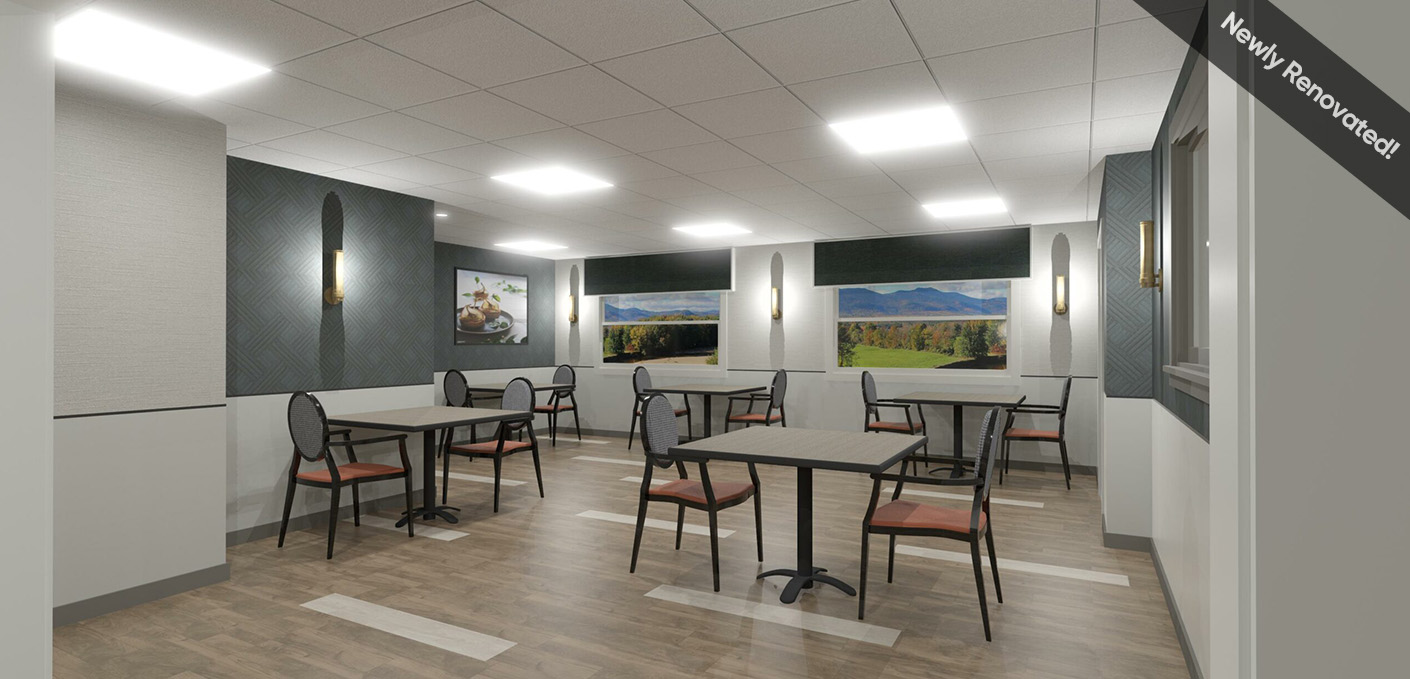 Light-filled dining area with newly renovated tables and chairs