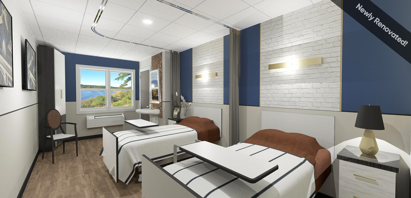 Renovated resident room with two beds and a view