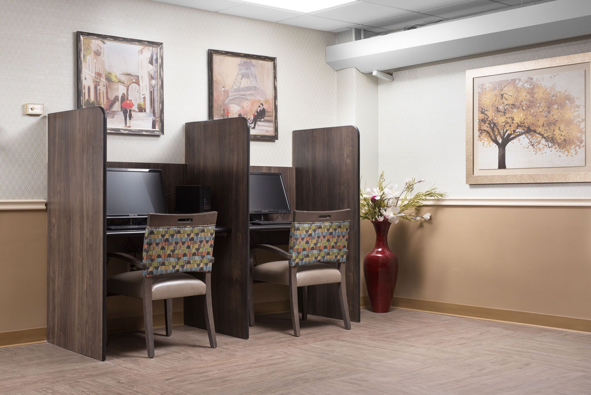Interior view of computer workstations in a communal area