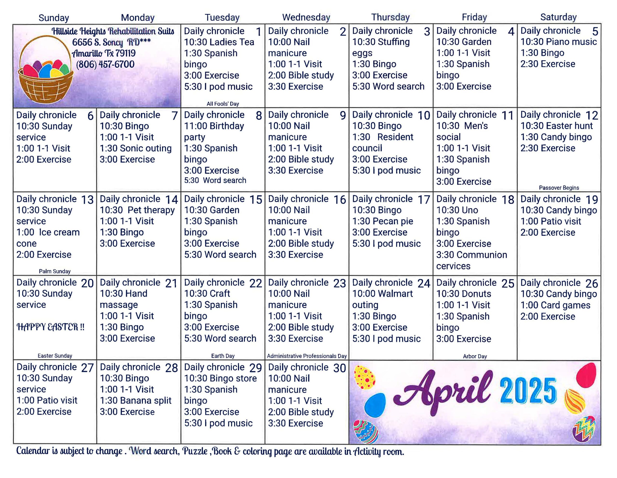 Monthly activity calendar for a senior living facility