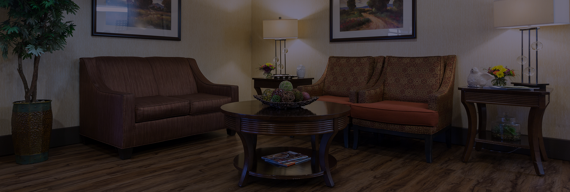 Cozy common area seating with plants and artwork