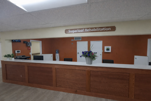 Reception area of a rehabilitation center with a wooden counter