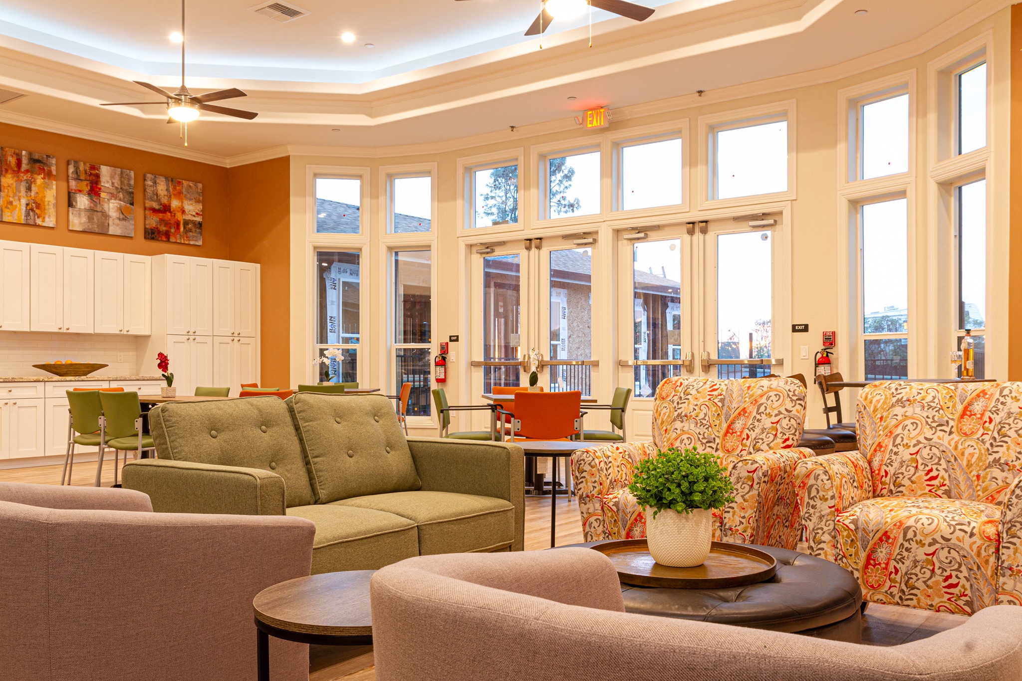 Interior view of a cozy common area with seating