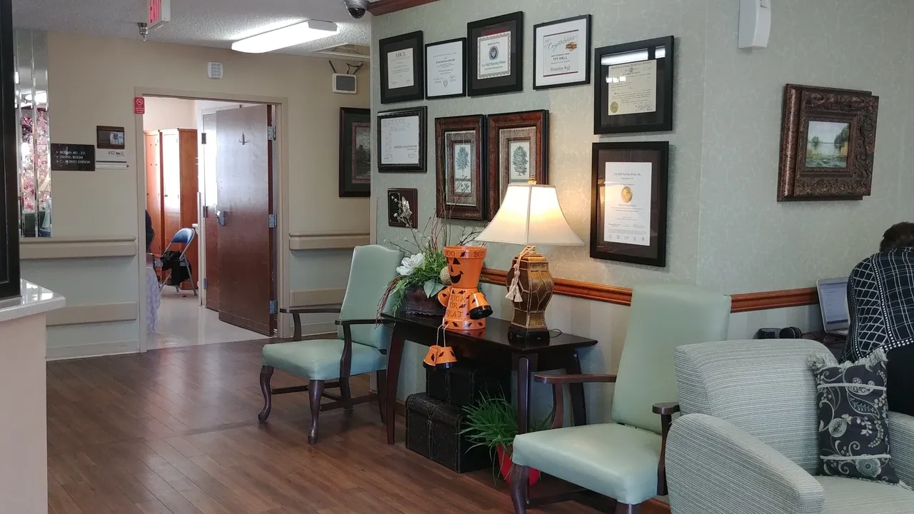 Interior of the facility's common area with decorations