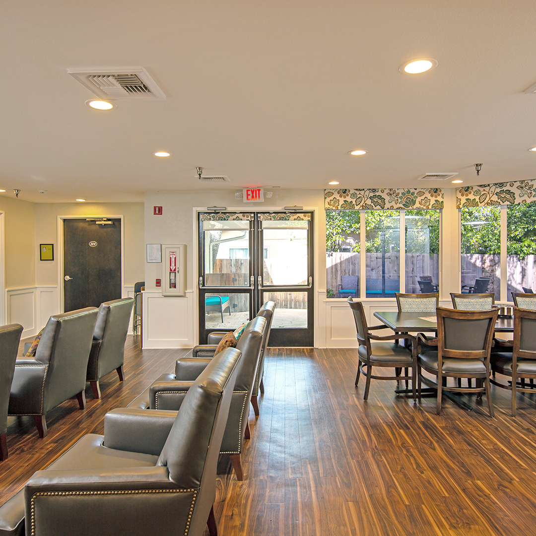 Interior of a common area with seating and natural light