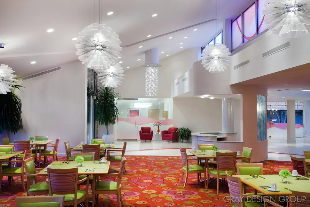 Bright dining area with colorful decor and furniture