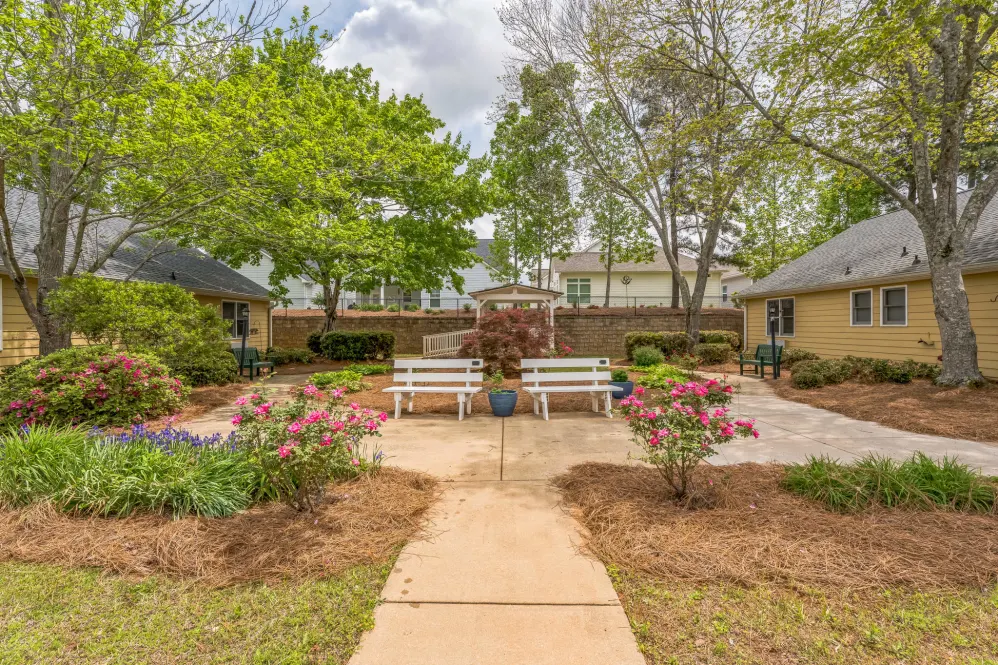 A serene outdoor courtyard with benches and flowers