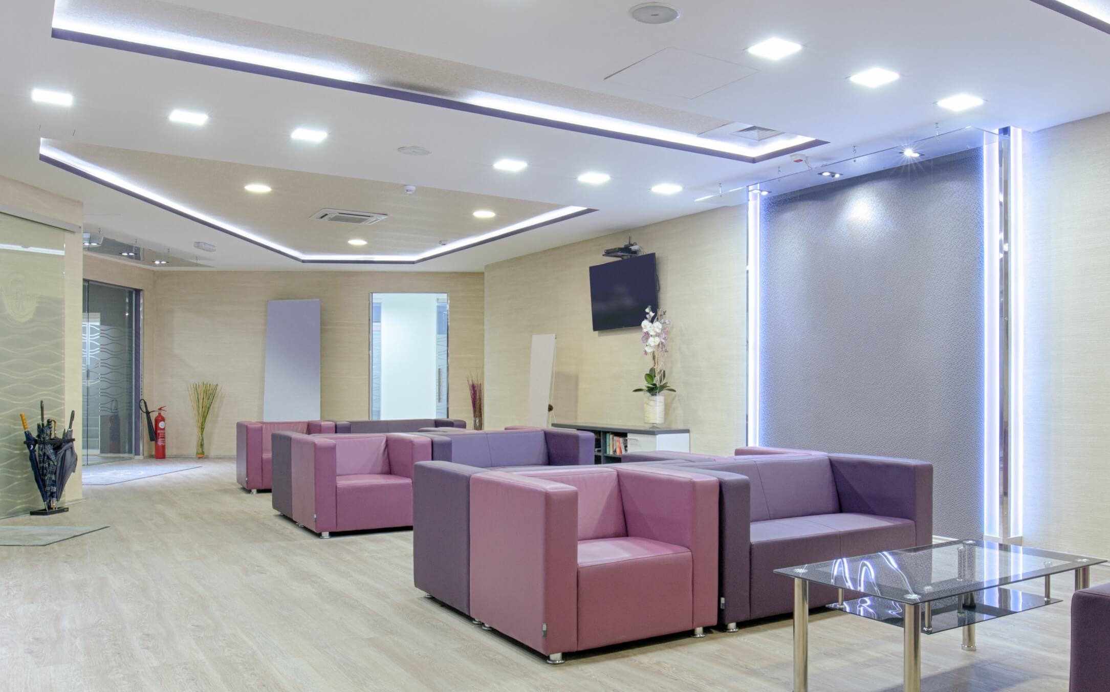 Modern lounge area with colorful seating