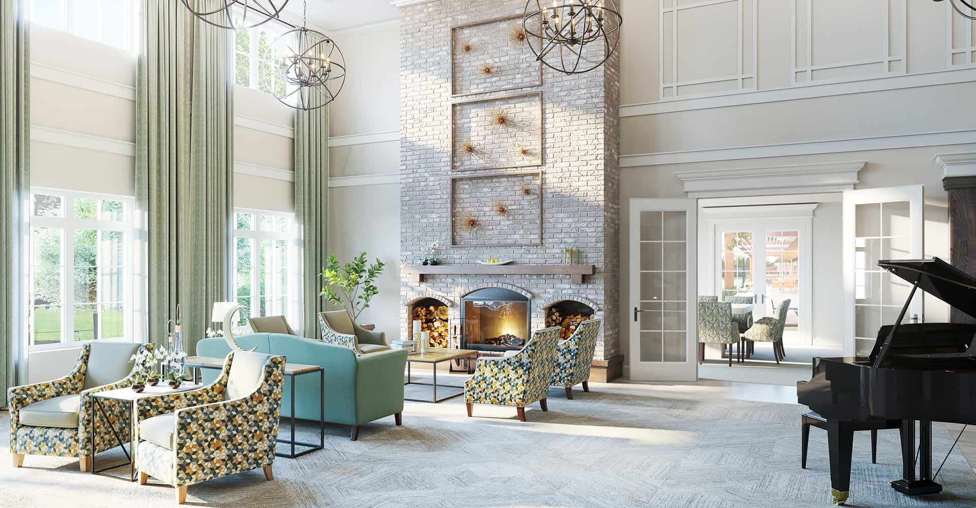Bright and spacious common area with seating