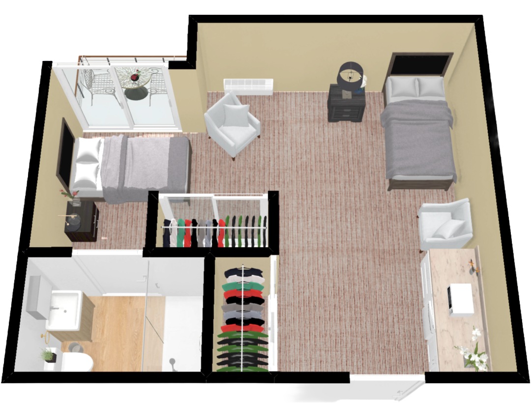 Aerial view of a model bedroom in a senior living facility