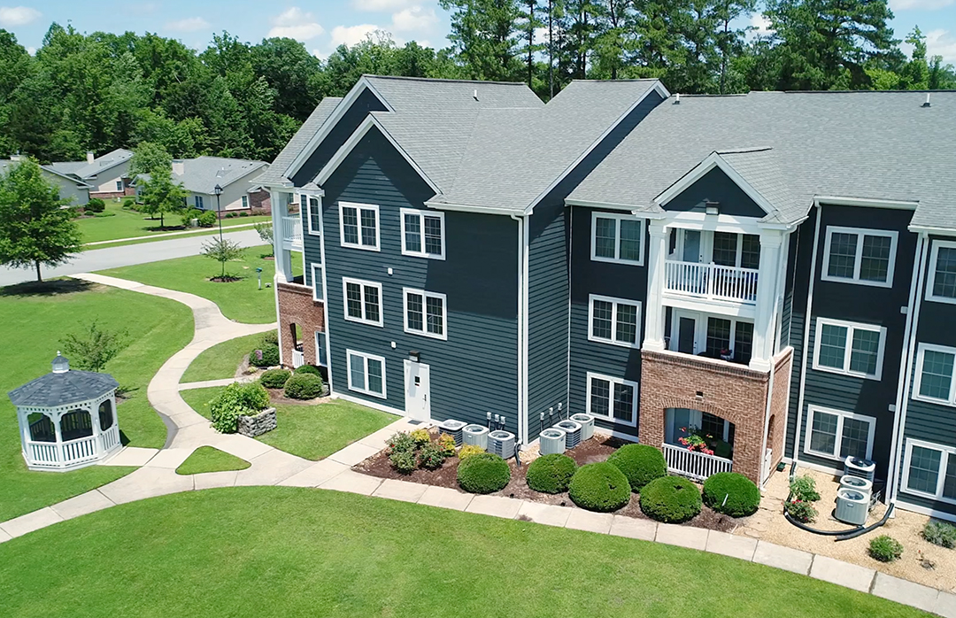 Aerial view of the facility's exterior and garden area