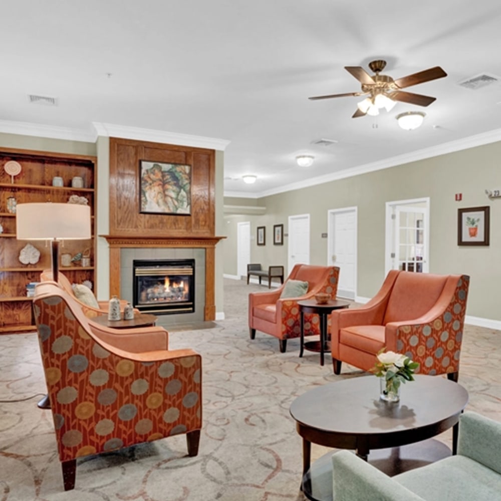 Cozy common area with seating and fireplace