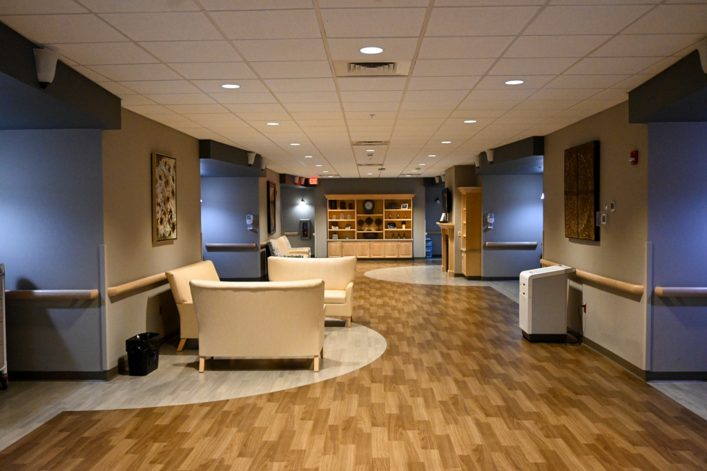 Interior hallway of a senior living facility