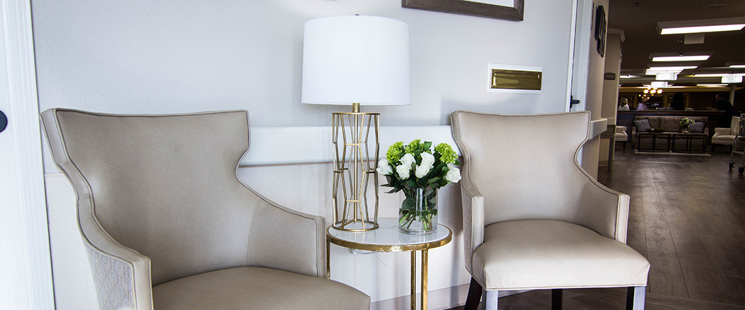 Comfortable seating area in a nursing home lobby