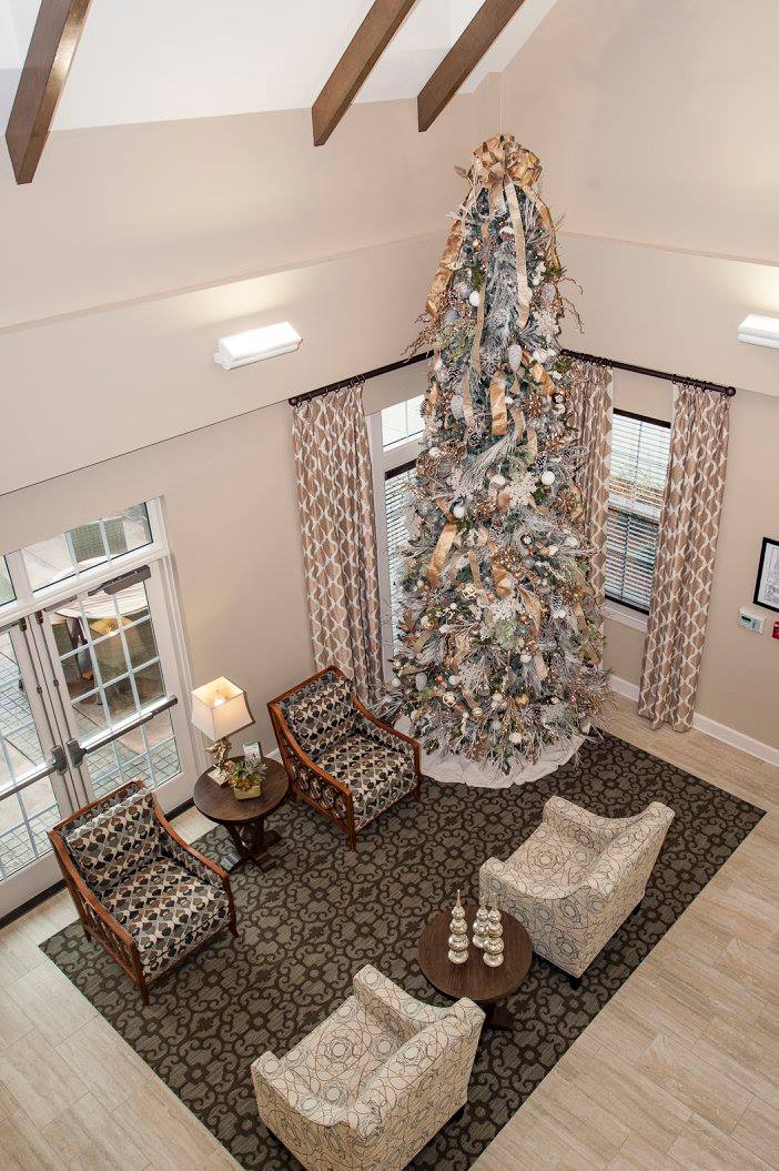 Interior view of a cozy lobby with a large Christmas tree