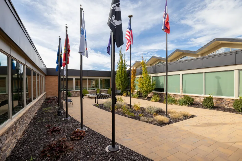 Courtyard with flags and landscaped area