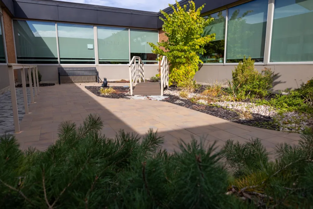 Outdoor courtyard with plants and seating area.