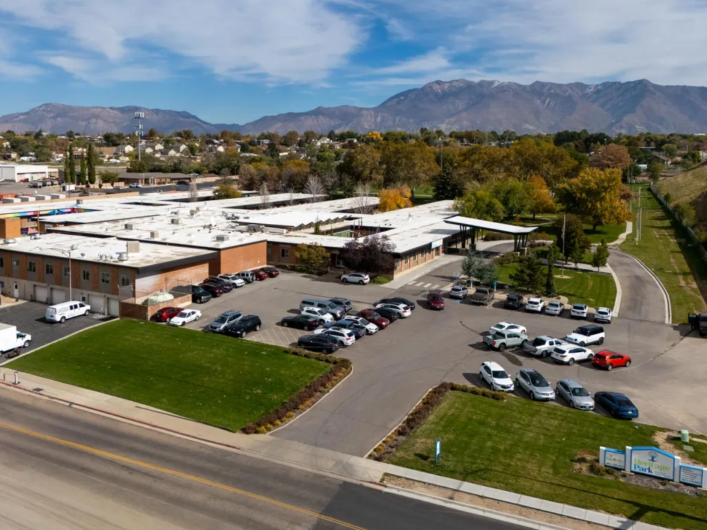 Aerial view of the Heritage Park facility and parking lot.