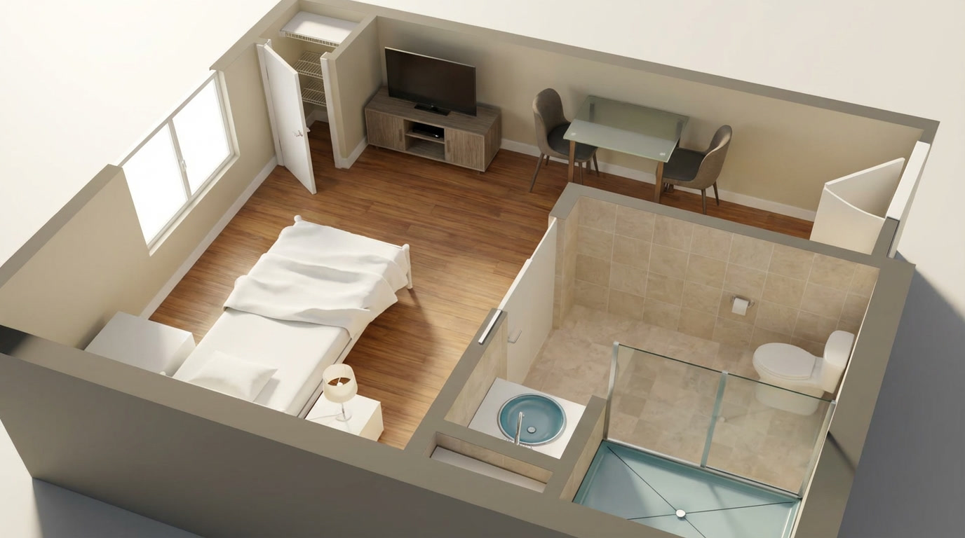 A rendering of a private resident room layout