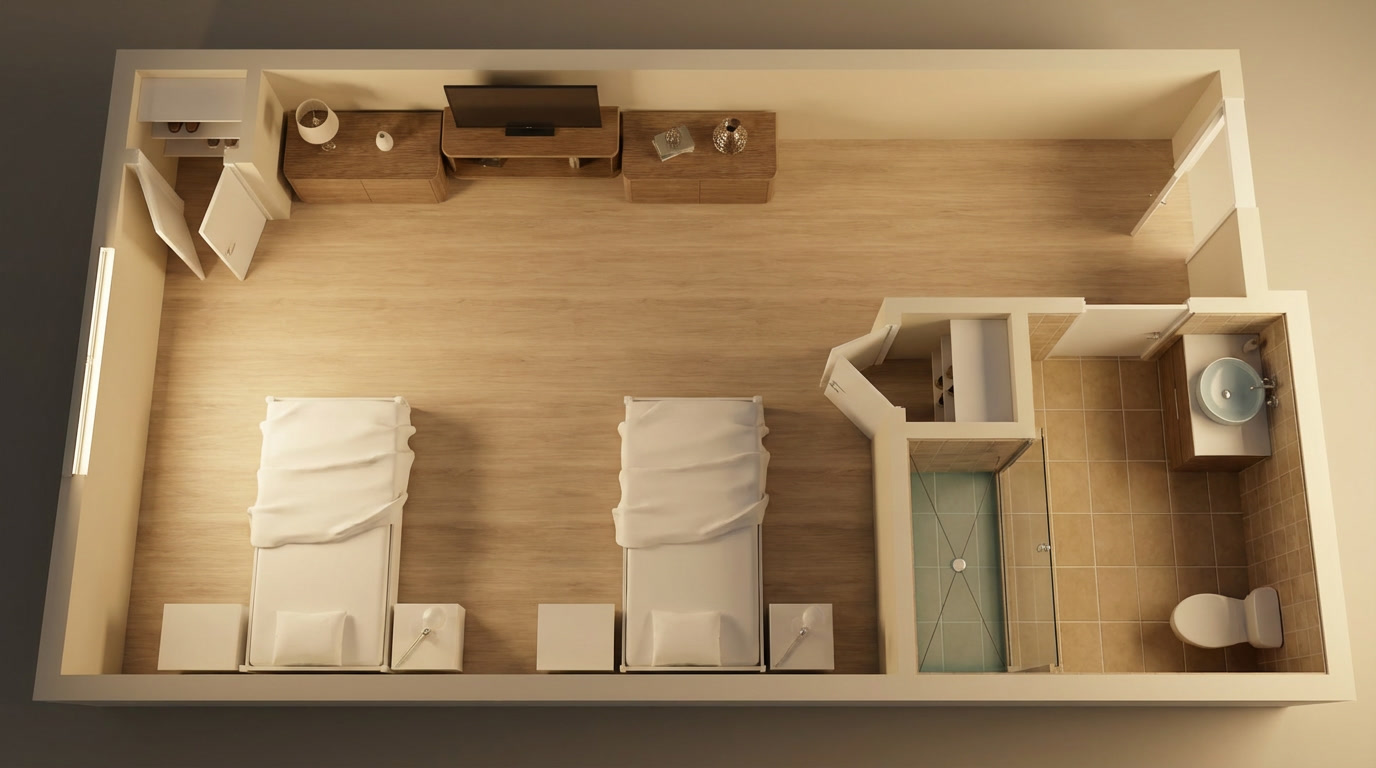 Aerial view of a shared resident room with two beds