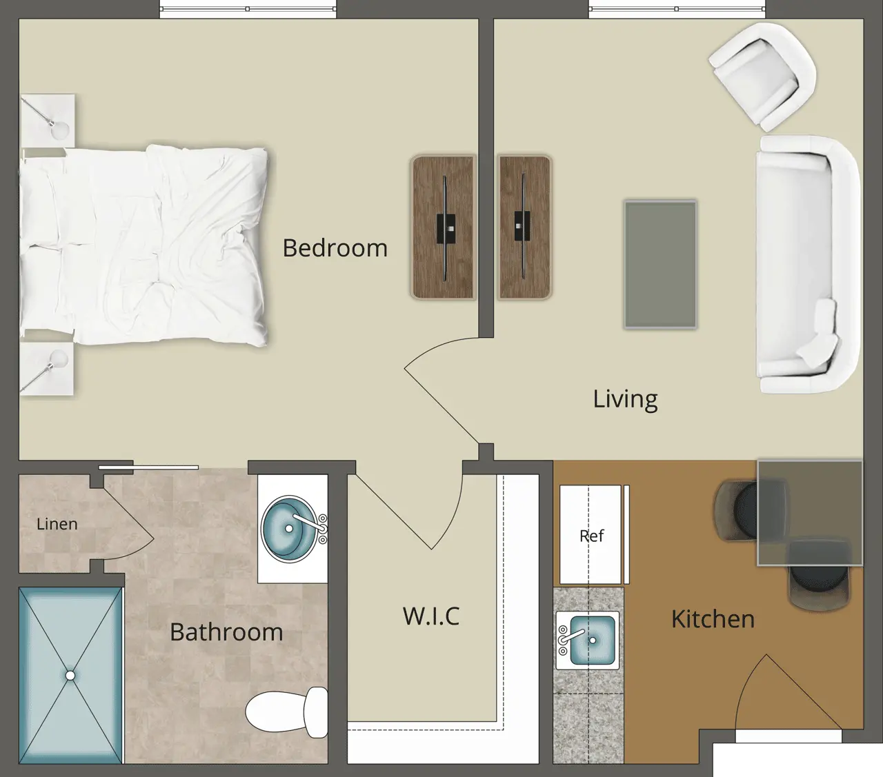 Architectural floor plan of a one-bedroom apartment