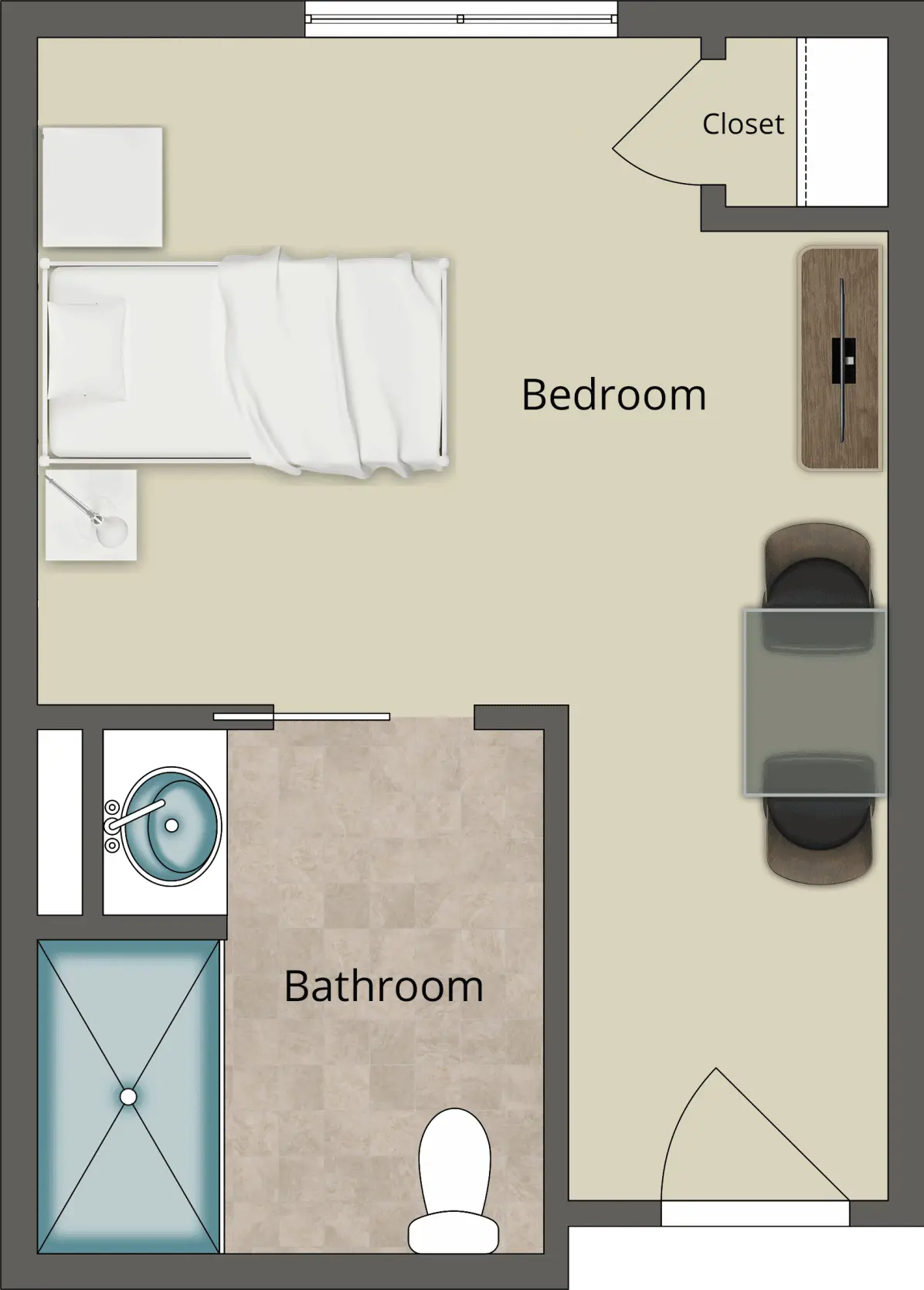 Architectural floor plan of a resident bedroom and bathroom