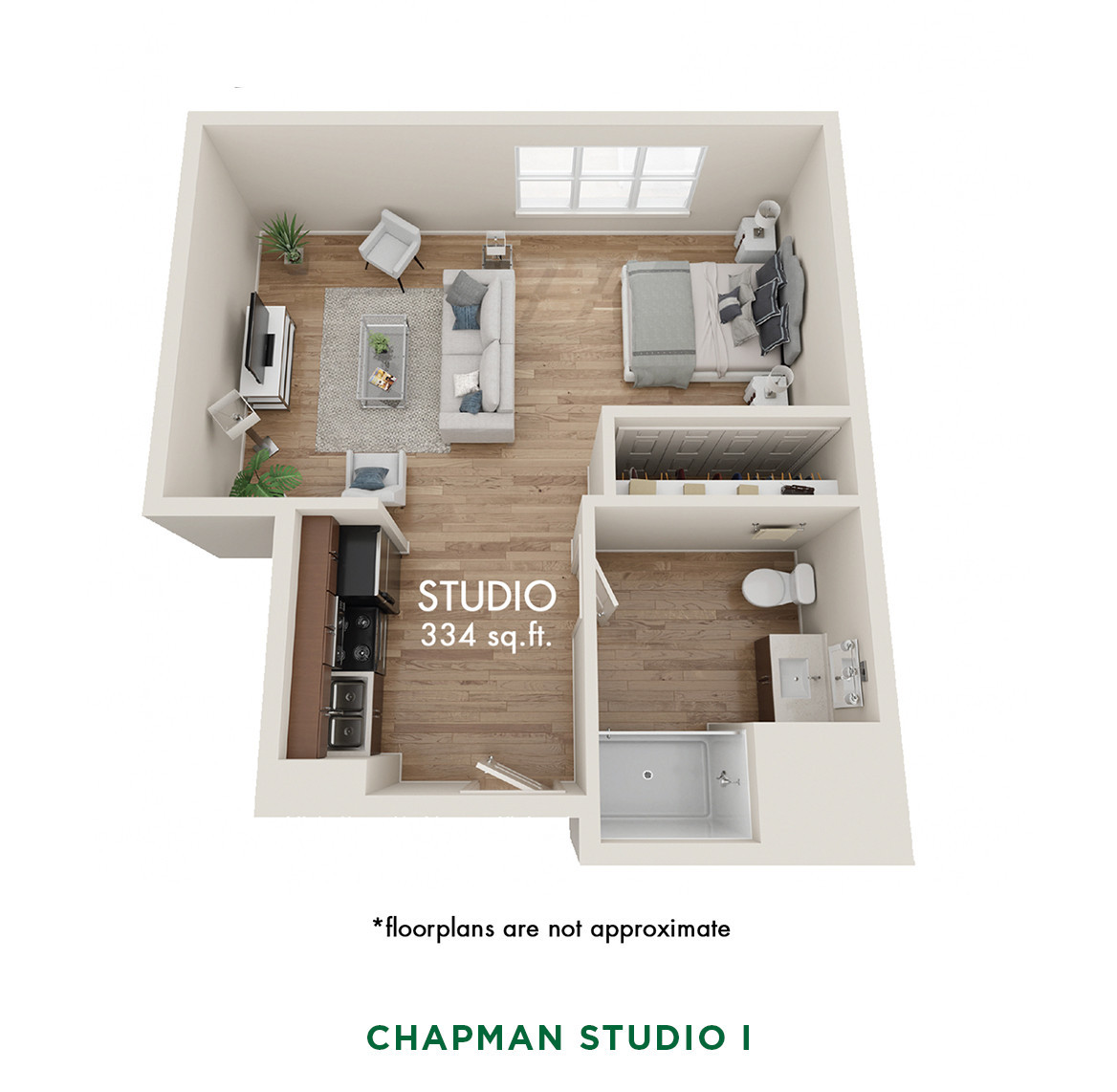 Floor plan of a studio apartment at Chapman Manor.