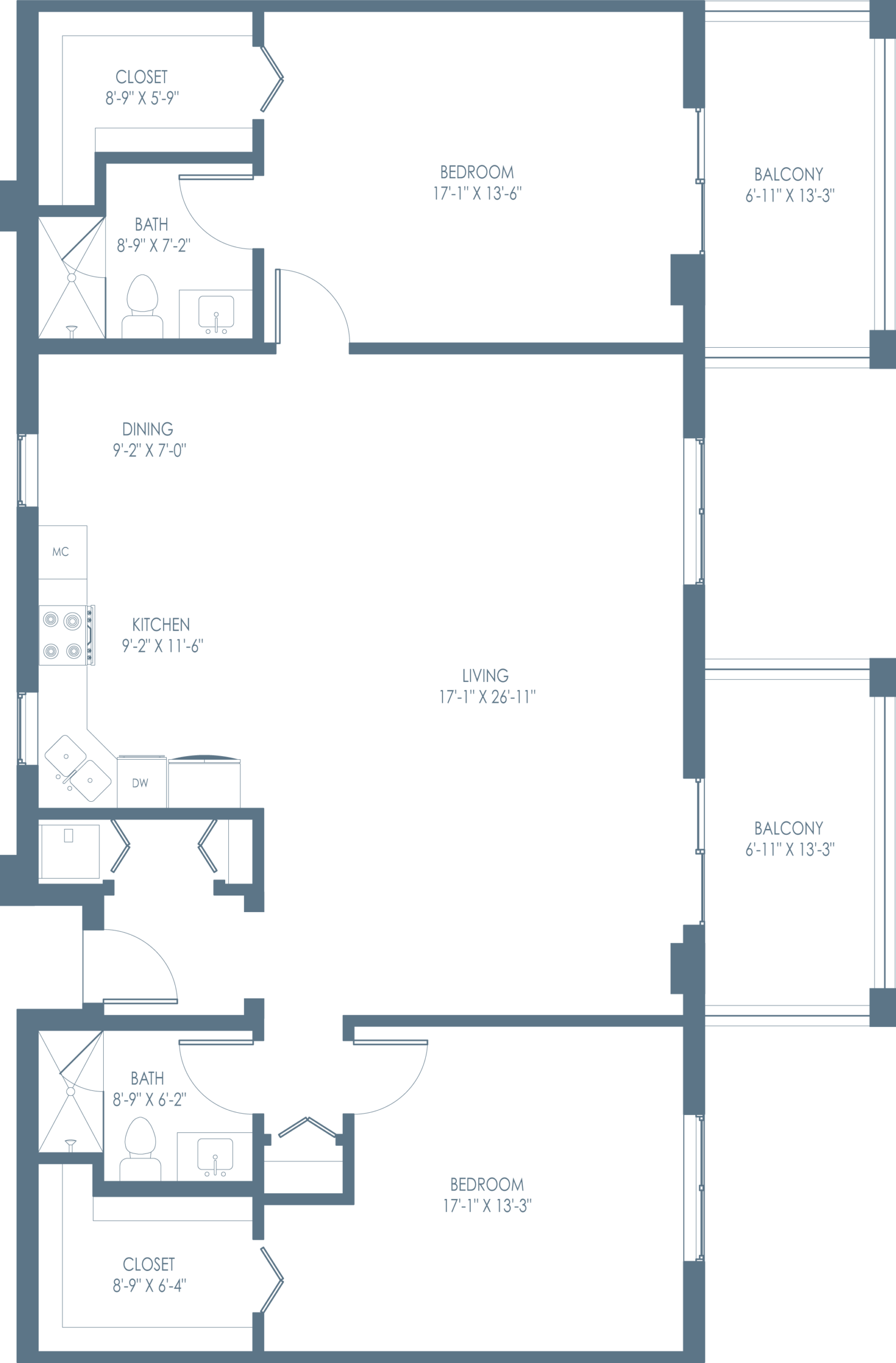 Architectural floor plan of a two-bedroom unit